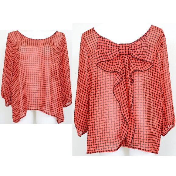 Bongo Plus 3X Red Black Dots Back Bow Sheer Blouse Office Travel Artsy Top - Picture 1 of 10